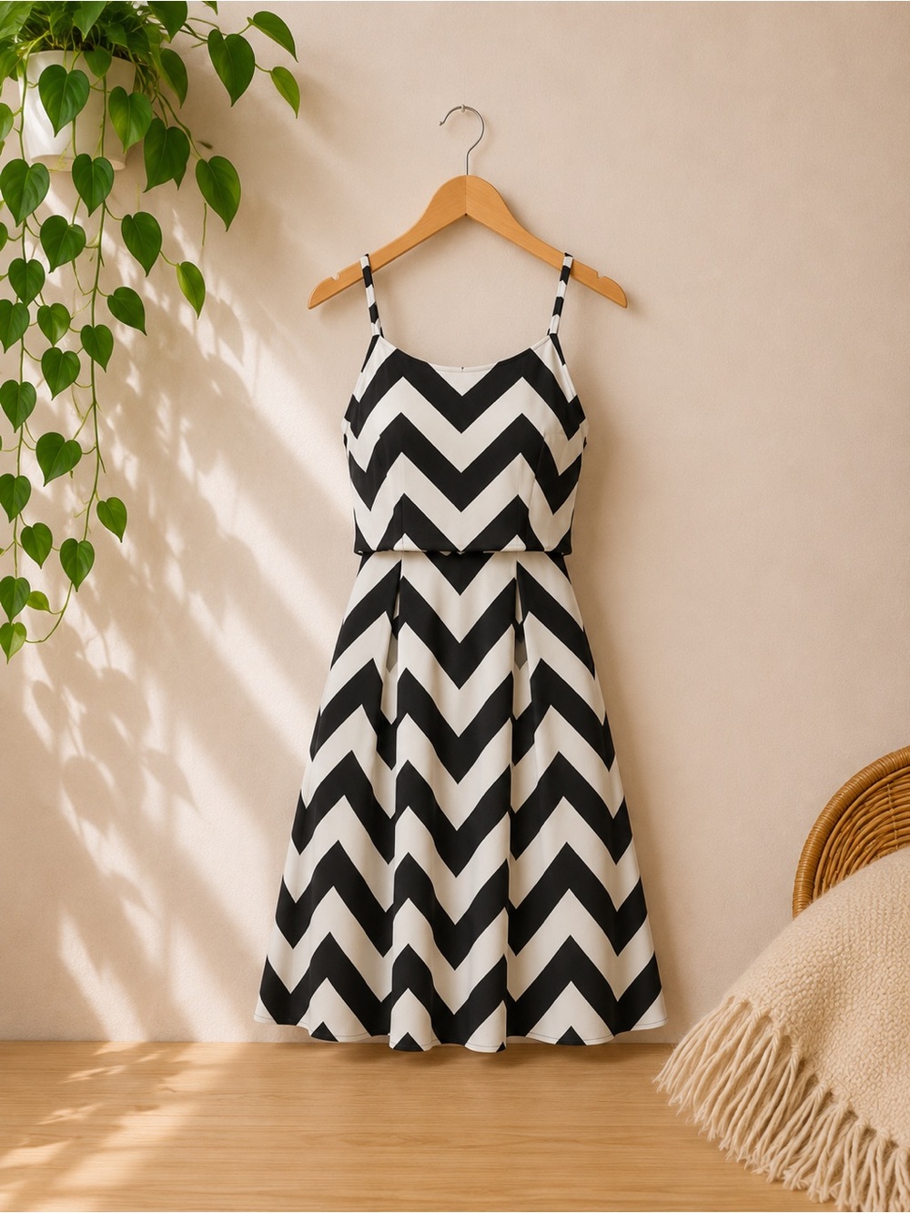 NLW   Black & White Chevron Mini Dress with Spaghetti Straps